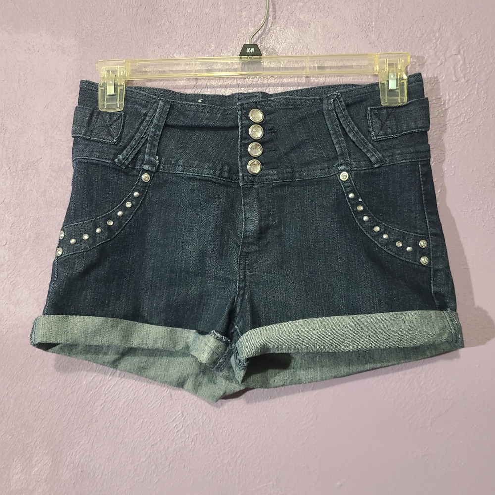 Pasión High Waisted Denim Shorts‎ Womens 13 Dark Wash Rhinestone Button Fly